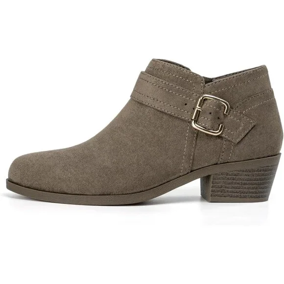 Women's Chunky Low Heel Ankle Boots Pointed Toe Side Zipper Booties Taupe Suede - Picture 3 of 7